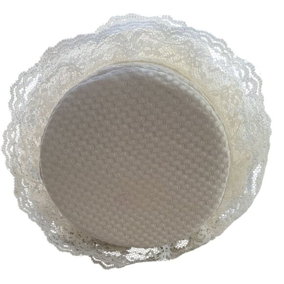 VTG Porcelain Pin Cushion Half Doll Lace Dress Pink Bonnet Rosy Cheeks - Picture 9 of 10